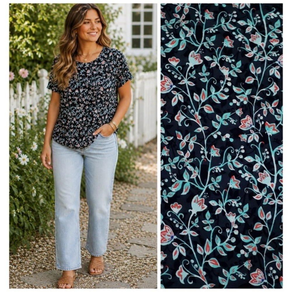 LuLaRoe Irma Tunic Top Black Teal Floral Vine Hi-Lo Cottagecore Romantic Size L